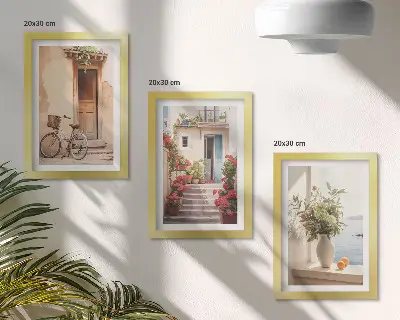 Charming seaside streets with flowers and bicycles framed triptych