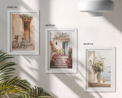 Framed triptych Charming seaside streets with flowers and bicycles