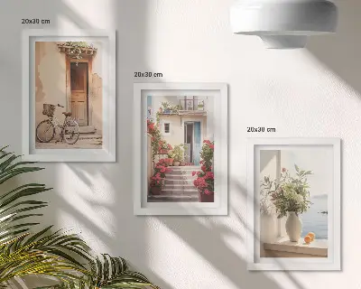 Charming seaside streets with flowers and bicycles framed triptych