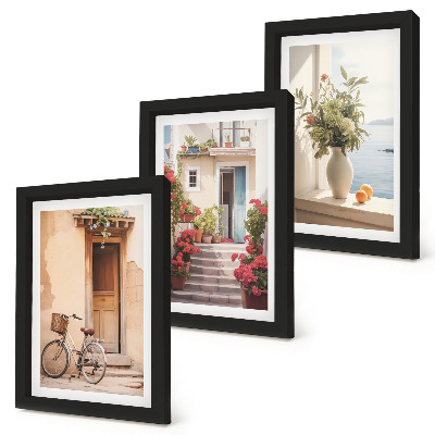 Framed triptych Charming seaside streets with flowers and bicycles