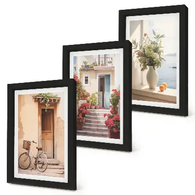 Charming seaside streets with flowers and bicycles framed triptych