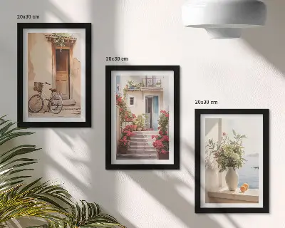 Charming seaside streets with flowers and bicycles framed triptych