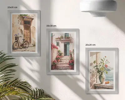 3-piece wall art set Painted streets with flowers and a bicycle