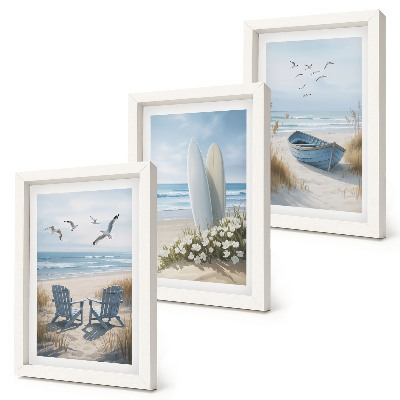 Photo frame wall Beach with surfboards, boats and birds