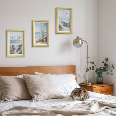 Photo frame wall Beach with surfboards, boats and birds