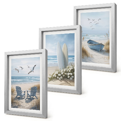 Photo frame wall Beach with surfboards, boats and birds