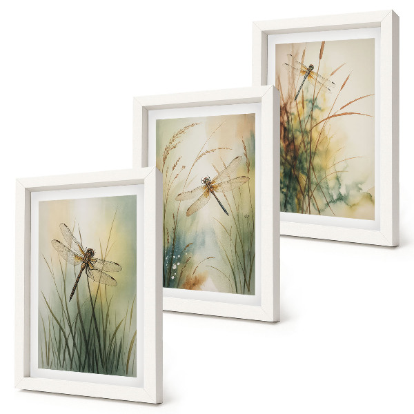 Framed triptych Painted grasses with dragonflies above the water