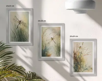Painted grasses with dragonflies above the water framed triptych