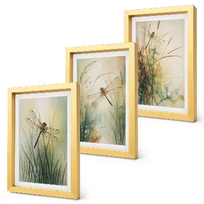 Painted grasses with dragonflies above the water framed triptych