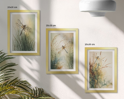 Framed triptych Painted grasses with dragonflies above the water