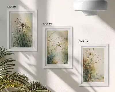Painted grasses with dragonflies above the water framed triptych