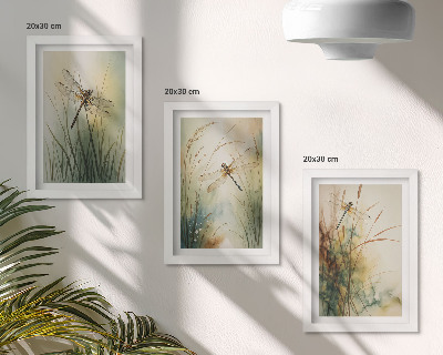 Framed triptych Painted grasses with dragonflies above the water