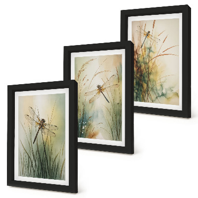 Framed triptych Painted grasses with dragonflies above the water