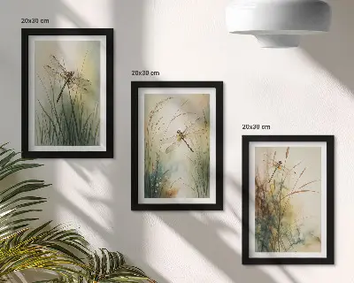 Painted grasses with dragonflies above the water framed triptych