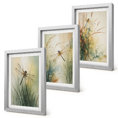 Framed triptych Painted grasses with dragonflies above the water