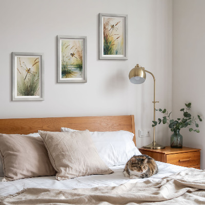 3-piece wall art set Dragonflies among the grass by the water in a painterly style