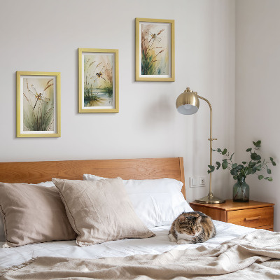 3-piece wall art set Dragonflies among the grass by the water in a painterly style