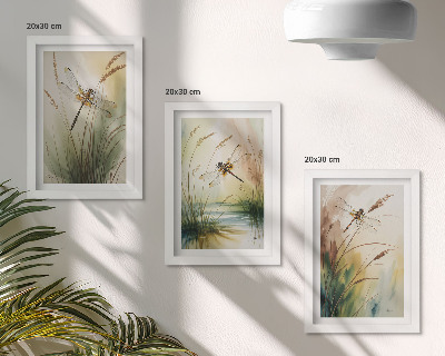 3-piece wall art set Dragonflies among the grass by the water in a painterly style