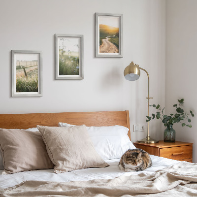 Photo frame wall Landscape with a meadow, road and sunset