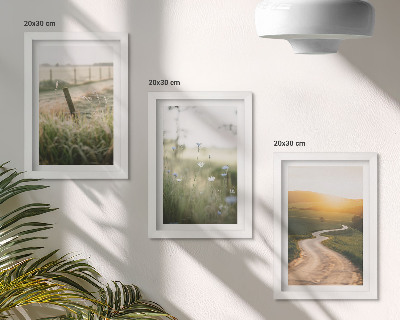 Photo frame wall Landscape with a meadow, road and sunset