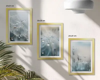 Dewdrops on delicate dandelions framed triptych
