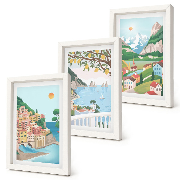 Framed triptych Seaside views with pastel-colored houses