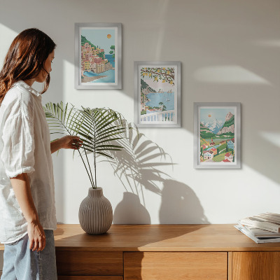 Framed triptych Seaside views with pastel-colored houses