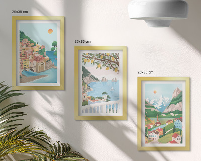 Framed triptych Seaside views with pastel-colored houses