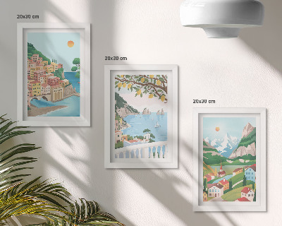Framed triptych Seaside views with pastel-colored houses