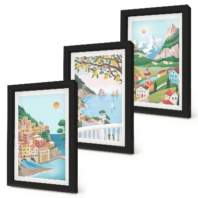 Framed triptych Seaside views with pastel-colored houses