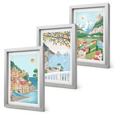Framed triptych Seaside views with pastel-colored houses