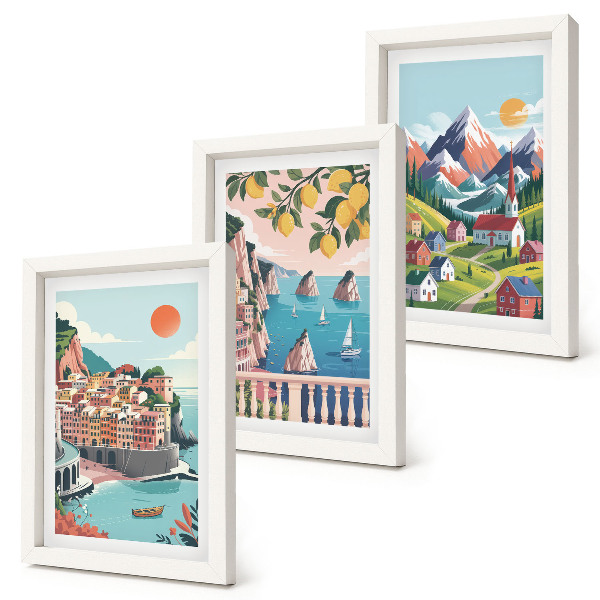 3-piece wall art set Colorful mountain landscapes and seaside cities
