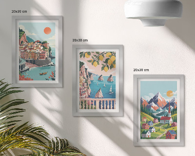 3-piece wall art set Colorful mountain landscapes and seaside cities