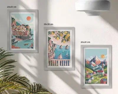 3-piece wall art set featuring colorful mountain landscapes and seaside cities