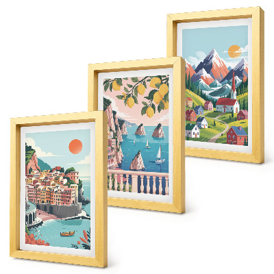 3-piece wall art set Colorful mountain landscapes and seaside cities