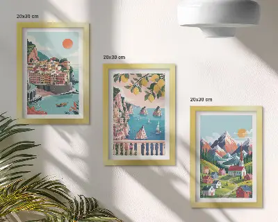 3-piece wall art set featuring colorful mountain landscapes and seaside cities