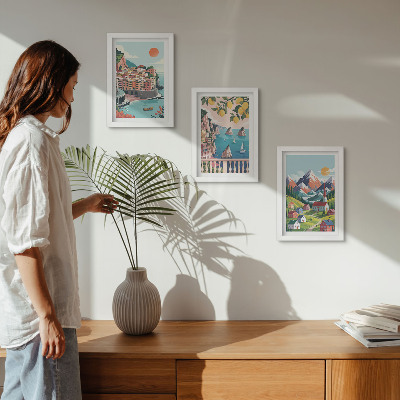 3-piece wall art set Colorful mountain landscapes and seaside cities