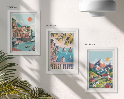 3-piece wall art set Colorful mountain landscapes and seaside cities