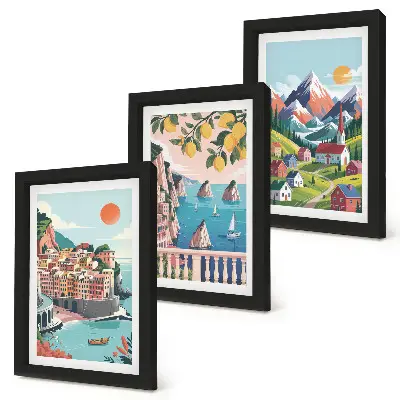 3-piece wall art set featuring colorful mountain landscapes and seaside cities