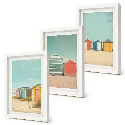 Colorful beach houses in the summer sun framed triptych