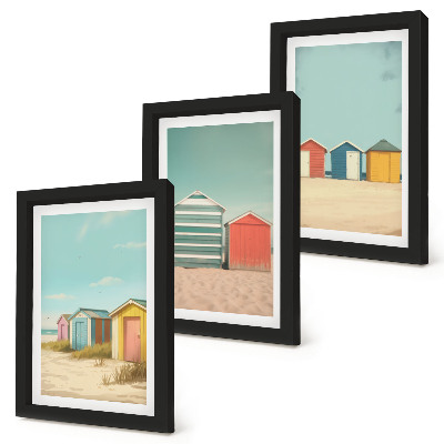 Framed triptych Colorful beach houses in the summer sun