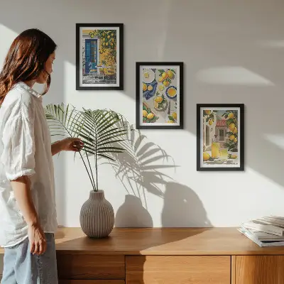 3-Piece Wall Art Set lemon garden scene with drinks on a table