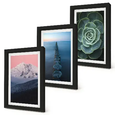 Framed triptych mountains with a pink sky, water, and green succulents