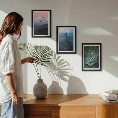 Framed triptych mountains with a pink sky, water, and green succulents