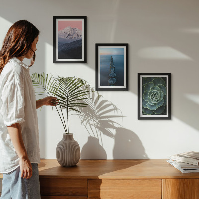 Framed triptych Mountains with pink sky, water and green succulent