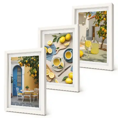Photo frame wall featuring lemons, lemonade, blue doors, and summer views