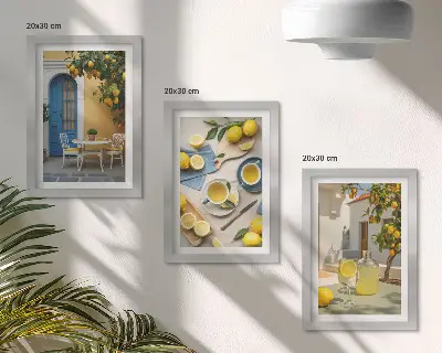 Photo frame wall featuring lemons, lemonade, blue doors, and summer views