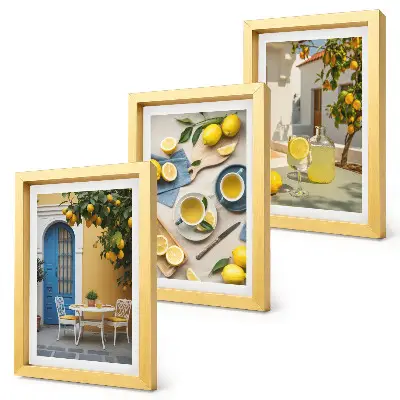 Photo frame wall featuring lemons, lemonade, blue doors, and summer views