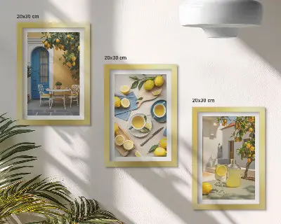 Photo frame wall featuring lemons, lemonade, blue doors, and summer views