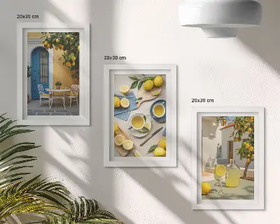 Photo frame wall featuring lemons, lemonade, blue doors, and summer views
